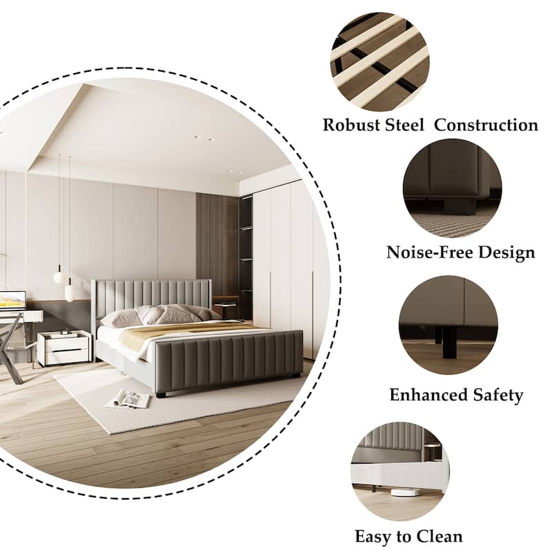 King Size Light Gray Velvet Platform Bed with 46.9" Tall Wingback Headboard & High Footboard Upholstered Bed Frame