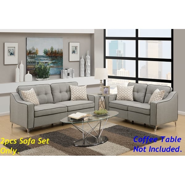 Glossy Polyester Sofa and Loveseat Furniture Plywood Metal Legs Couch Pillows 2 Piece Sofa Set for Living Room or Bedroom - Grey
