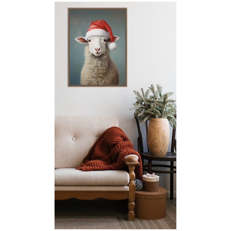 Kate and Laurel Sylvie Beaded Sweet Sheep Santa Hat Framed Canvas by The Creative Bunch Studio