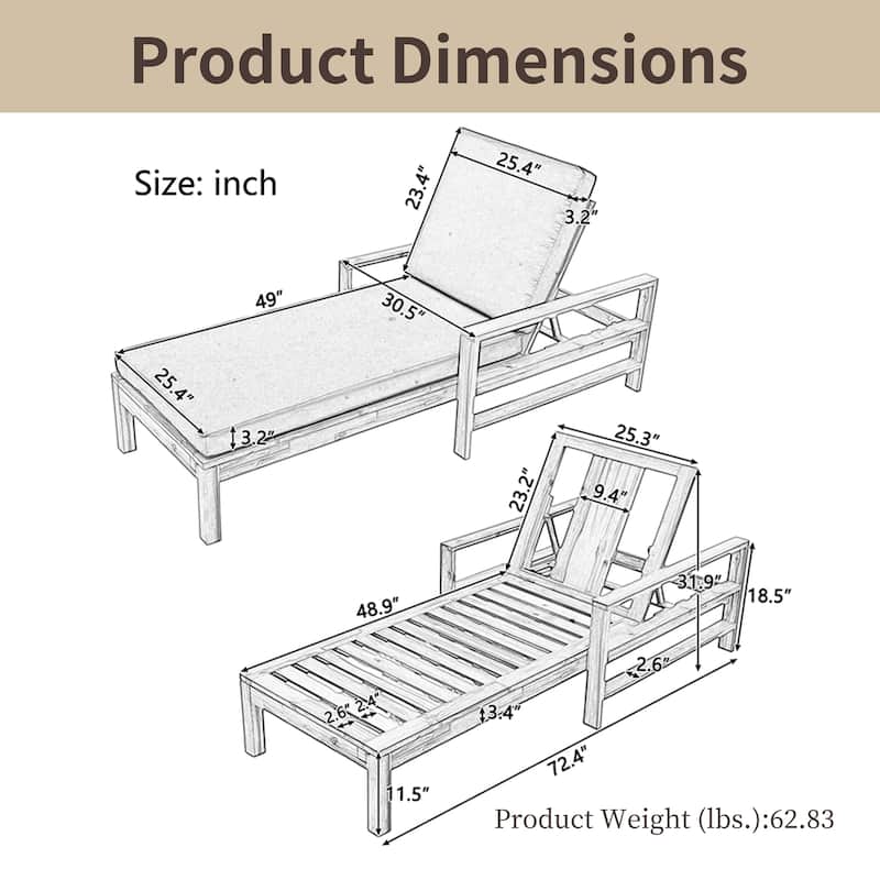 Acacia Wood Adjustable Lounge Chair, 3-Position, 529LB, Waterproof