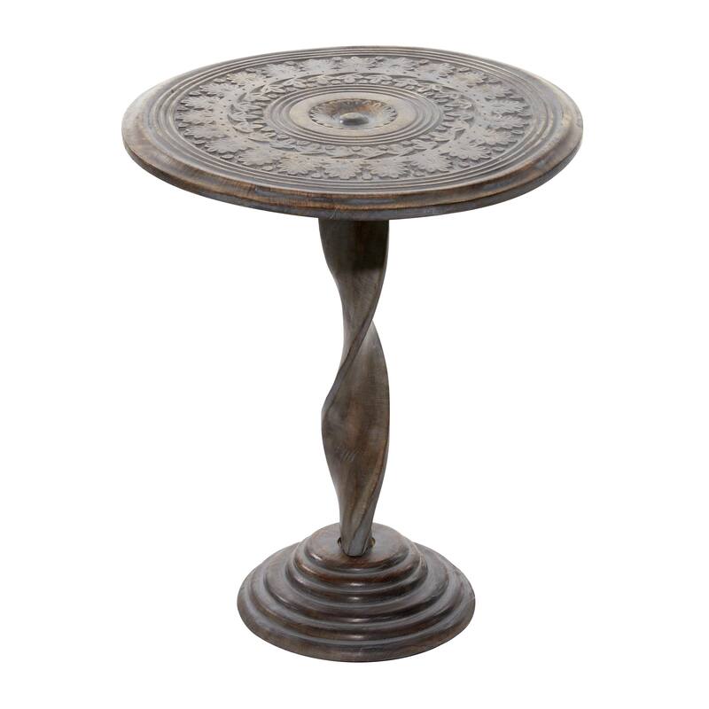 Mango Wood Floral Handmade Intricately Carved Accent Table with Spiral Leg and Gray Distressing - Brown - Roche River Decor
