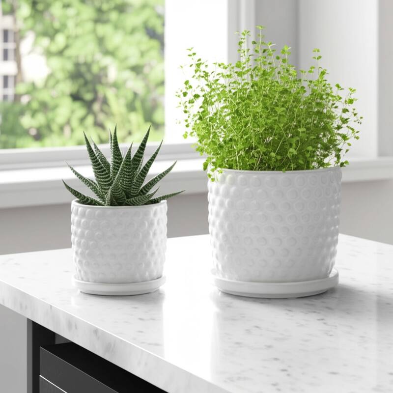Ceramic Planters with Textured Bubble Surface and Saucers (Set of 2) - 8" x 8" x 7"