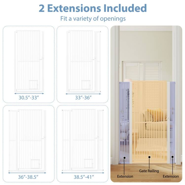 White Galvanized Metal Extra-Tall Adjustable Pet Gate with Safety Lock and Small Door