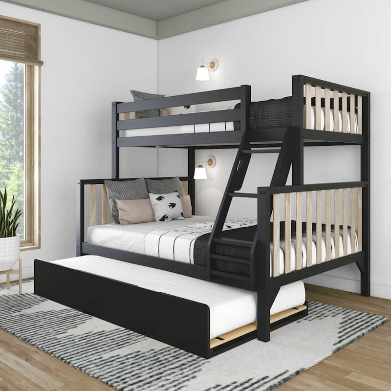 Scandinavian Twin Over Full Bunk Bed With Twin-Size Trundle - Black/Blonde