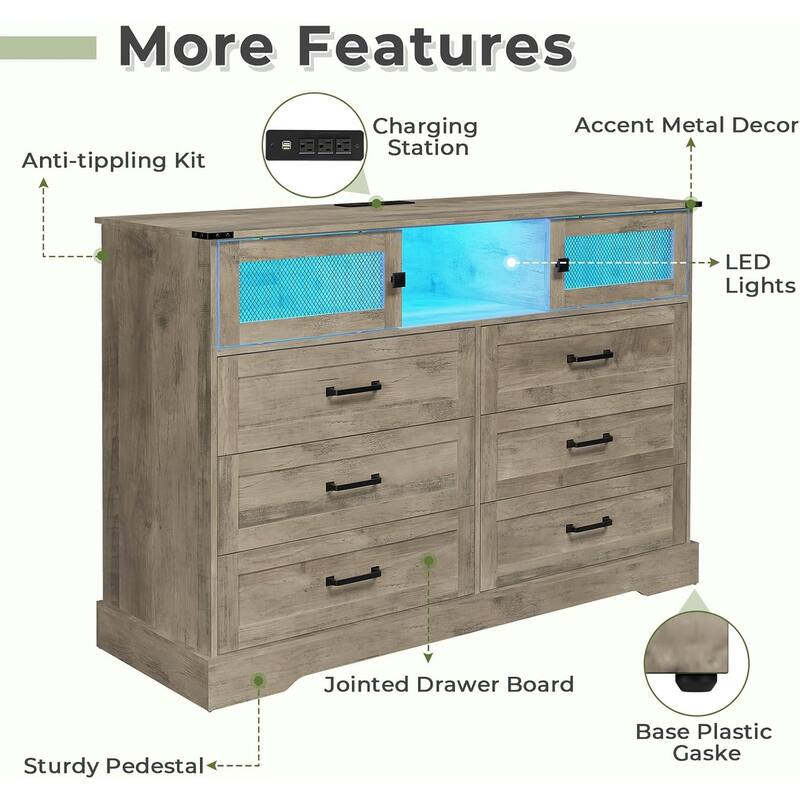 6 Drawers Dresser LED Charging Station Farmhouse Chest of Drawers