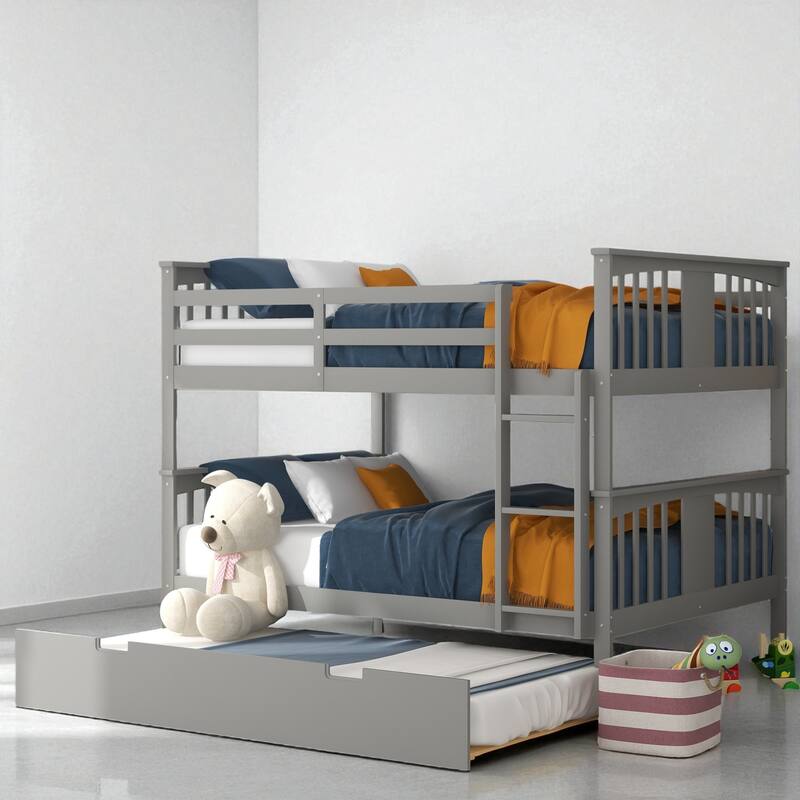 Full over Full Bunk Bed with Twin Trundle and Ladder, Convertible Wooden Frame with Guardrails and No Box Spring Needed - Grey - Full