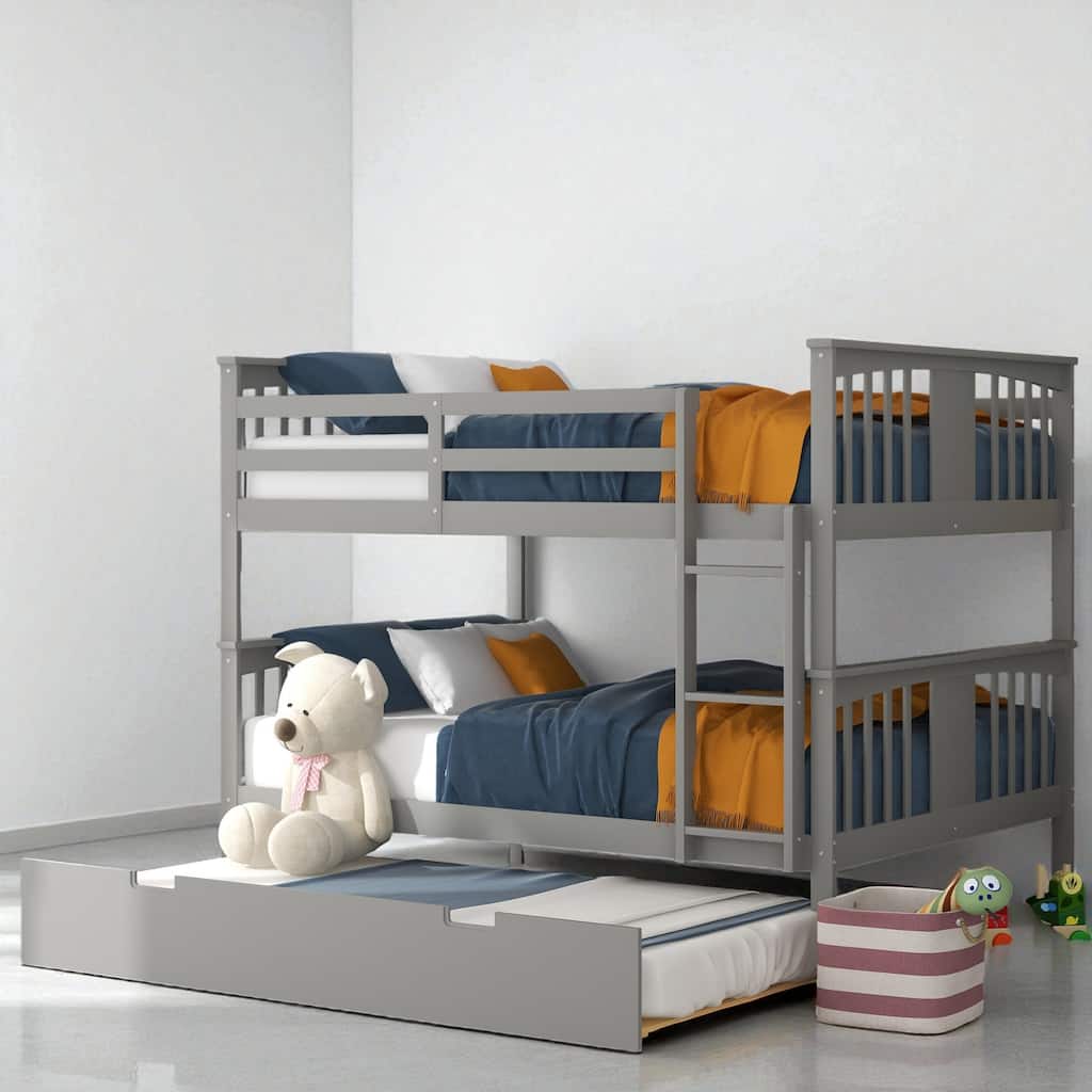 Full over Full Bunk Bed with Twin Trundle and Ladder, Convertible Wooden Frame with Guardrails and No Box Spring Needed