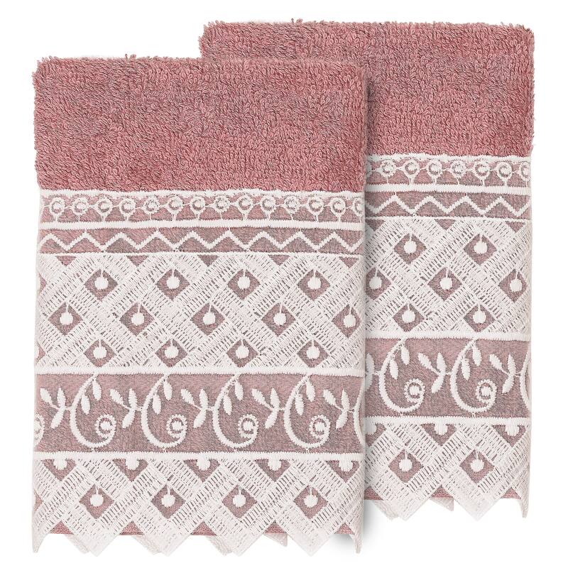 Authentic Hotel and Spa 100% Turkish Cotton Aiden 2PC White Lace Embellished Washcloth Set - Tea Rose