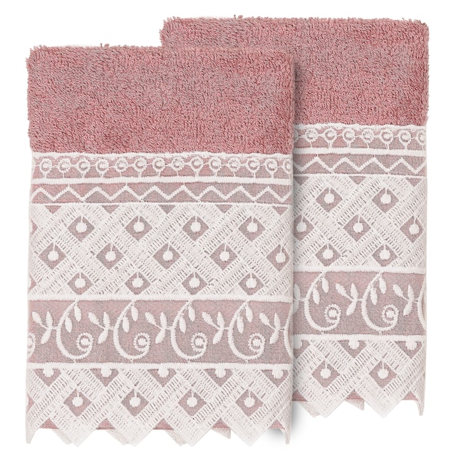 Authentic Hotel and Spa 100% Turkish Cotton Aiden 2PC White Lace Embellished Washcloth Set - Tea Rose