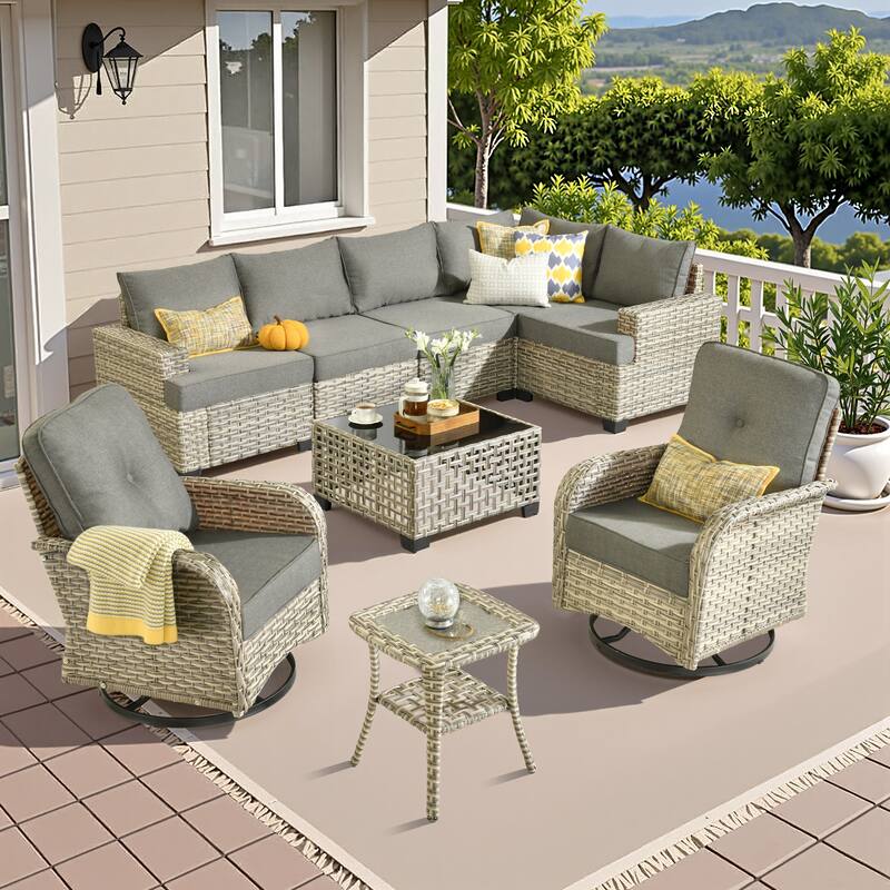 HOOOWOOO 9-piece Wicker Patio Furniture Set Sectional Sofa with Swivel Chair. - Dark Grey