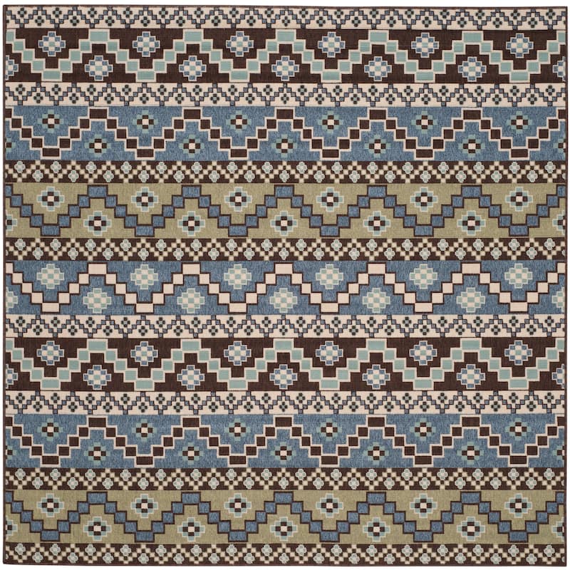 SAFAVIEH Veranda Rudy Indoor/ Outdoor Waterproof Patio Backyard Rug - 6'7" Square - Blue/Creme