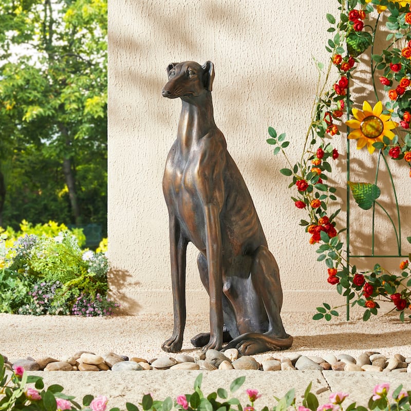 Glitzhome 30"H Morden MgO Bronze Sitting Guardian Greyhound Dog Garden Statue Porch Sculpture Indoor Outdoor