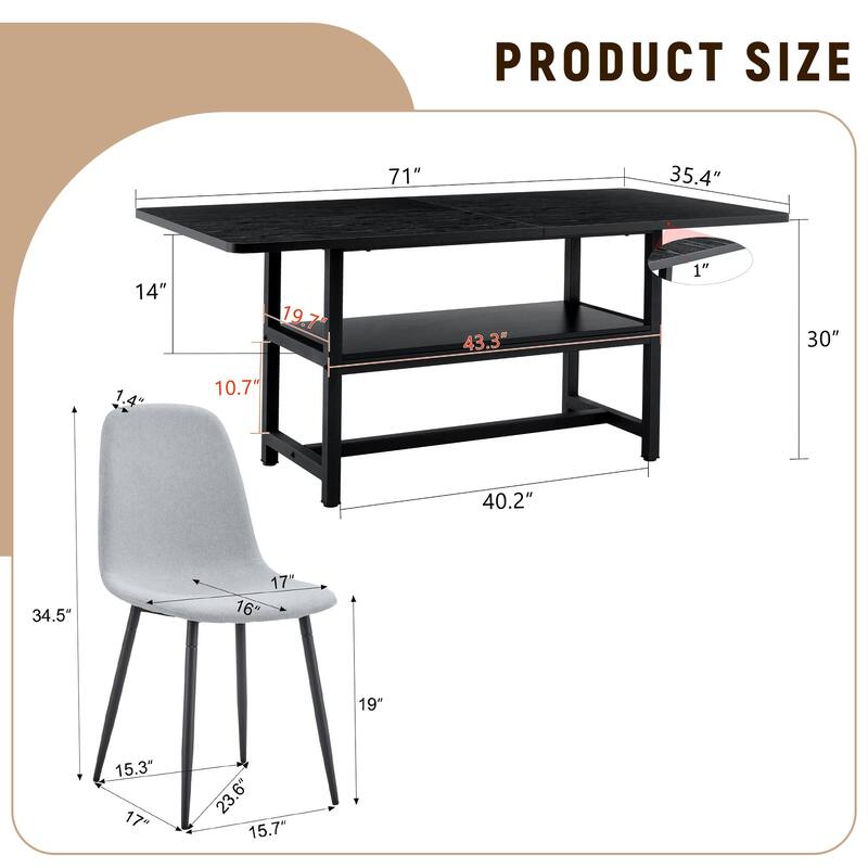 9-Piece Modern Dining Table Set with Storage, 71x35.4 Inch Wood Grain Table & 8 High-Resilience Fabric Chairs