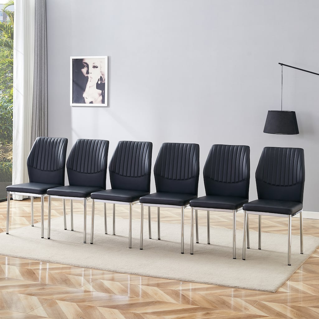 Roomfitters PU Dining Chairs with Silver Metal Legs, Vertical Stripe Back, High Resilience Upholstered Set of 6