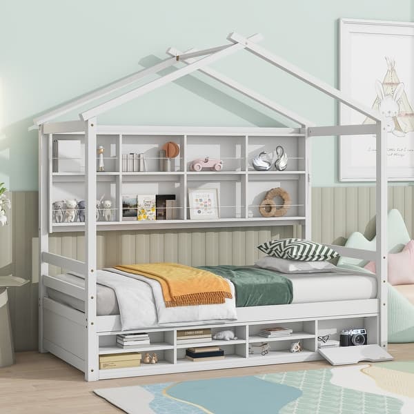 slide 2 of 35, Elegant Twin House Bed Kids Bed with Roof Frame,Bedside Storage Shelves,Ladder and Guardrail White