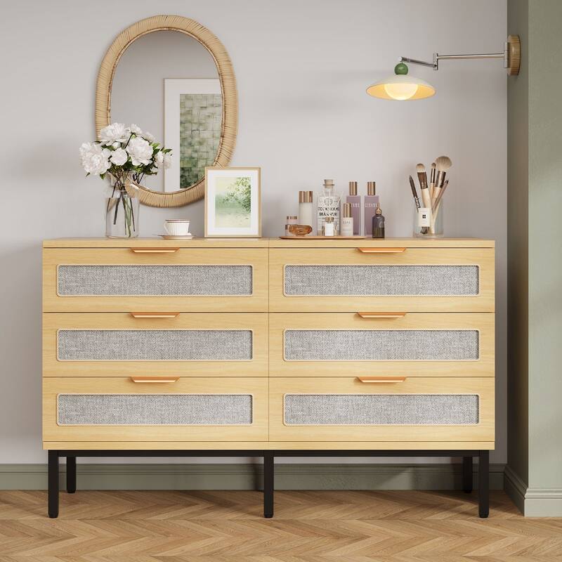 Gymojoy 47" 6 Drawer Rattan Dresser for Bedroom, Boho Farmhouse Wood Chest of Drawers with Metal Handles, Closet Organizer