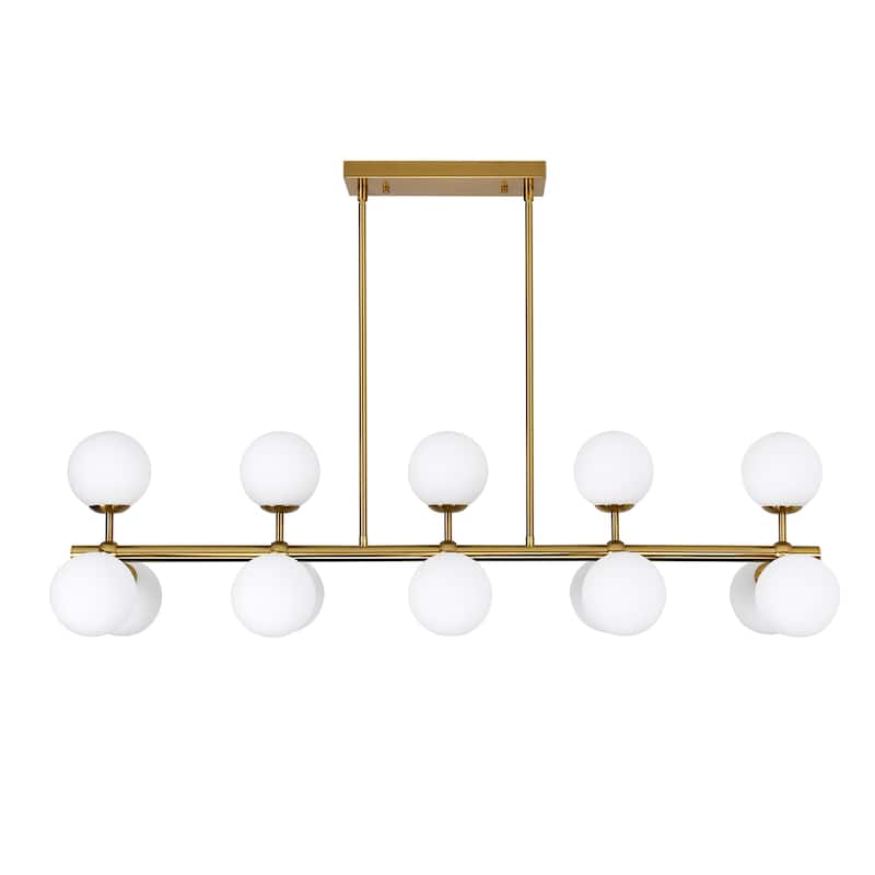44in W Linear Mid Century Modern Chandelier 15 Light Gold Brass Sputnik Pendant Light with Frosted Glass Globe for Dining Room
