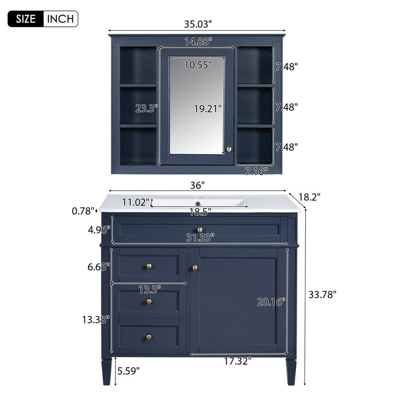 36" Bathroom Vanity with Sink and Medicine Cabinet, 4 Drawers, 2 Doors, Modern Storage Cabinet with Pre-Drilled Basin