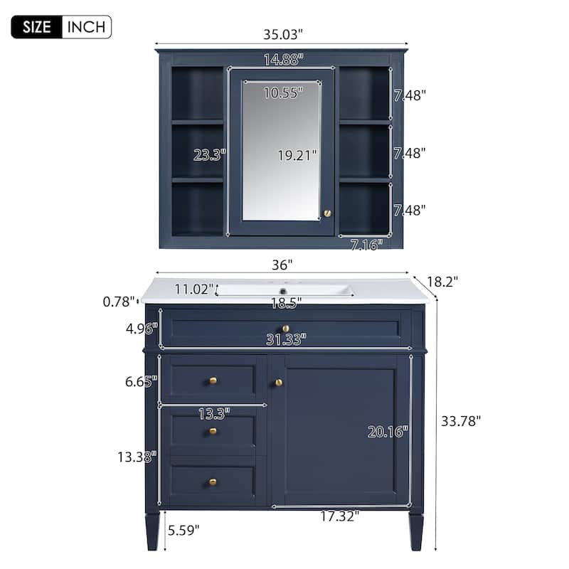 36''Bathroom Vanity With Medicine Cabinet,Modern Bathroom Storage Cabinet With 2 Soft Closing Doors And 4 Drawers,Single Sink