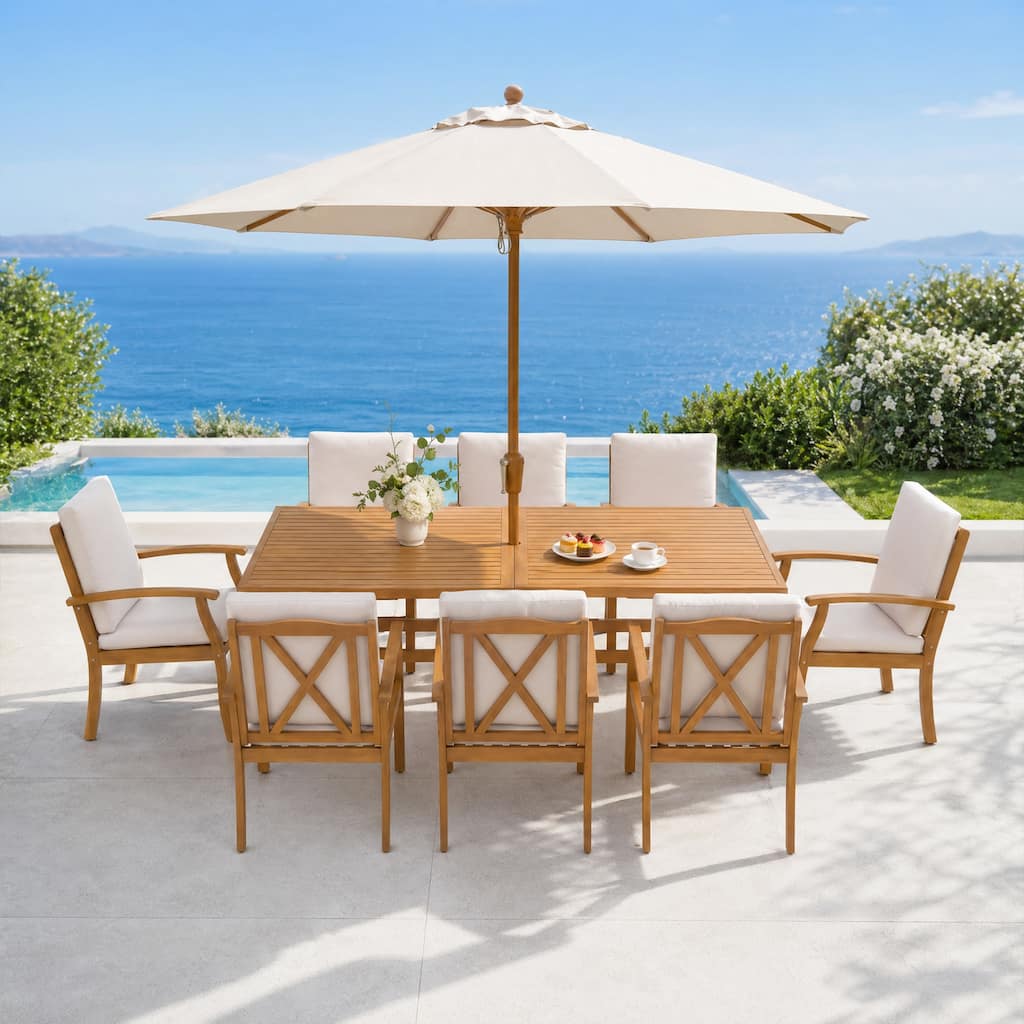 9-Piece Premium Eucalyptus Wood Outdoor Dining Furniture Set with Curved Leg Table & Umbrella Hole