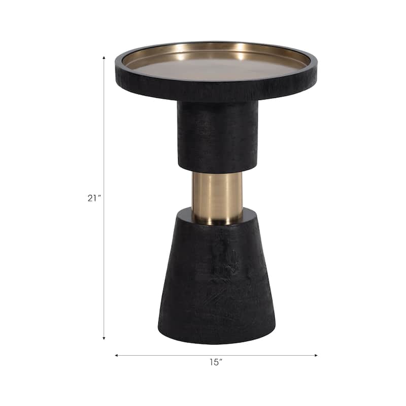 21"H Black and Gold Banded Metal Round Side End Table with Wood and Iron Accent Construction for Modern Living