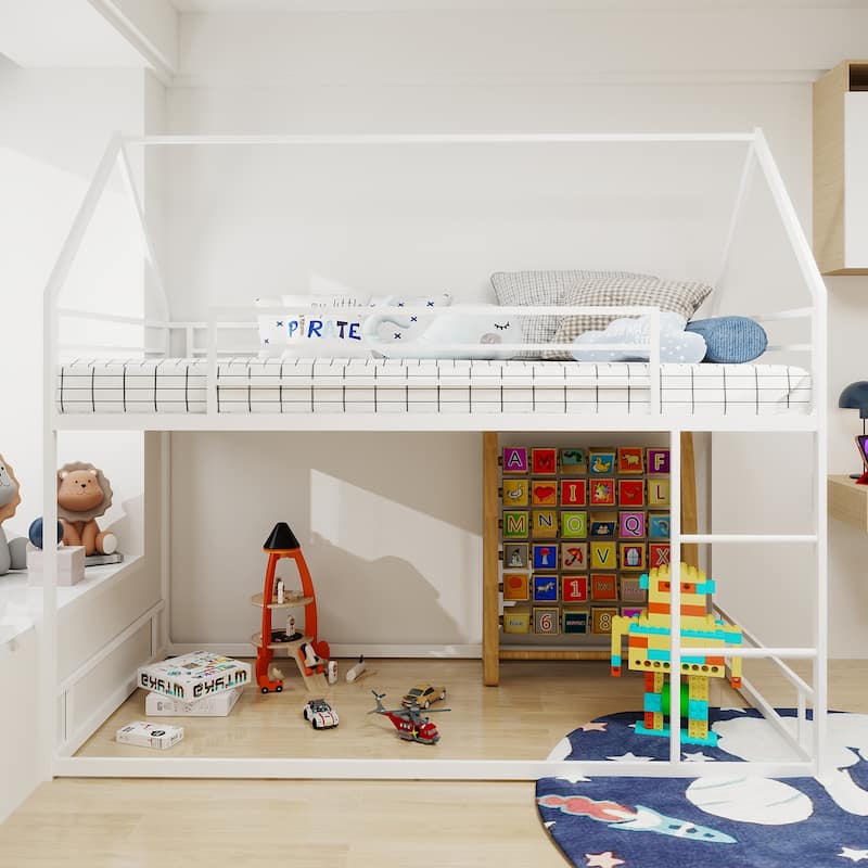 Metal Twin over Twin Bunk Bed Frame with House Roof Frame, Guardrail and Ladder, Lower Bunk Bed without Slats - White - Twin