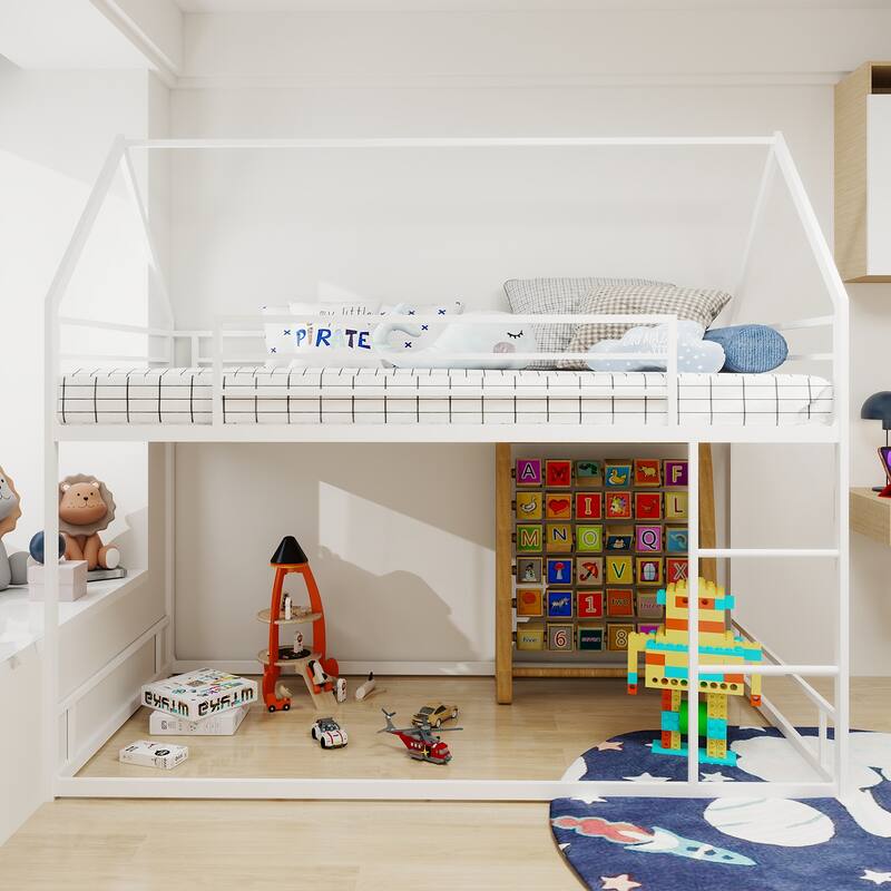 Twin Size Floor Bunk Bed, Iron House Bunk Bed Frame, Twin over Twin, Heavy Duty Metal Slat Support, No Box Spring Needed