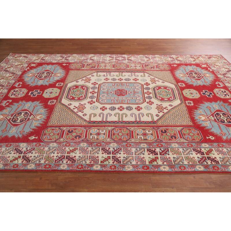 Hand Knotted Oriental 100% Wool Carpet Traditional Geometric Red Kazak Area Rug - 9' 7'' X 6' 4''