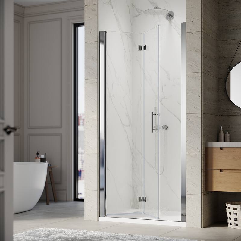 Elegant Bi-Fold Frameless Pivot Swing Shower Door Enclosure with Clear Glass Panel and Hardware Kit