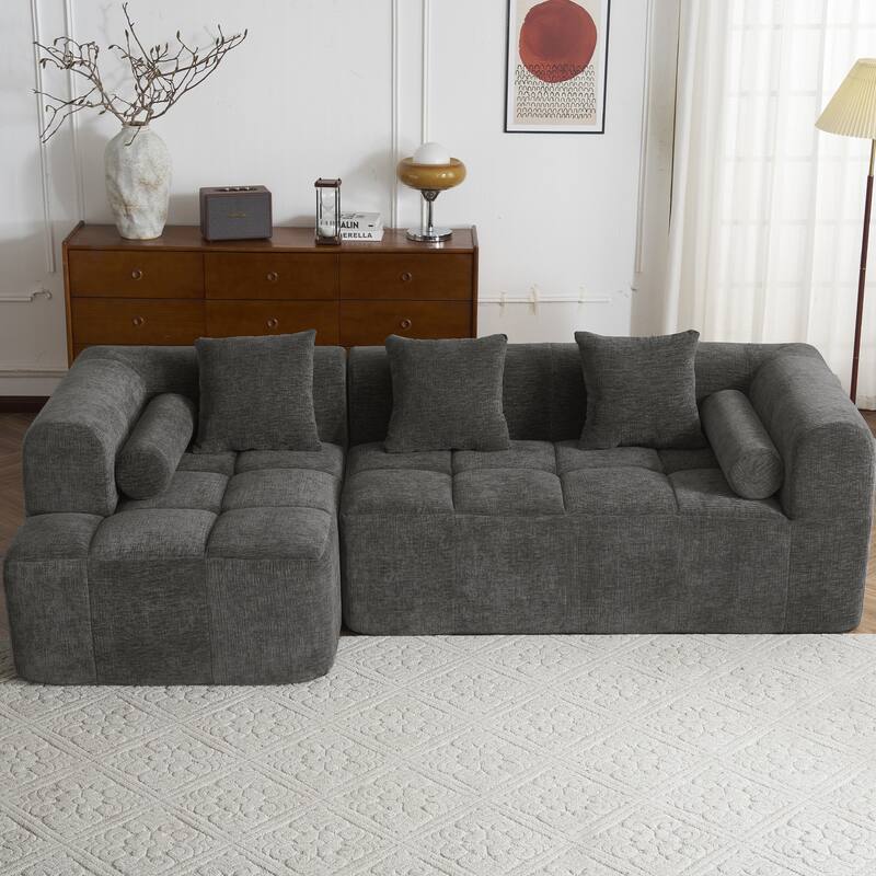 Full-Compressed Sectional Sofa with L-Shape Chaise, Modular 3 Seater Sectional Sofa, Upholstered Sofa with Side Pockets