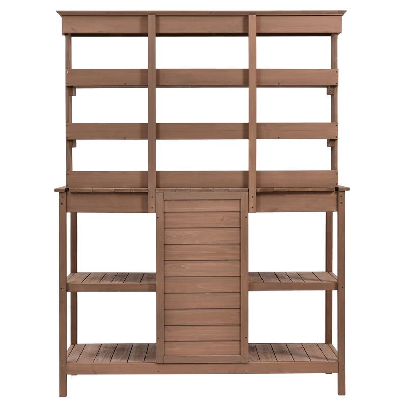 Outdoor Wooden Potting Bench Table, Garden Potting Bench with Cabinet, Patio Workstation with 4 Open Shelves and 2 Drawers