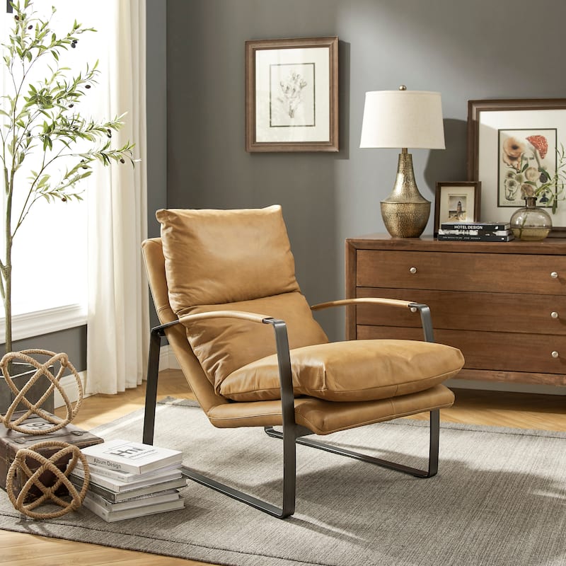 Art Leon Comfortable Genuine Leather Accent Lounge Chair - Light Brown
