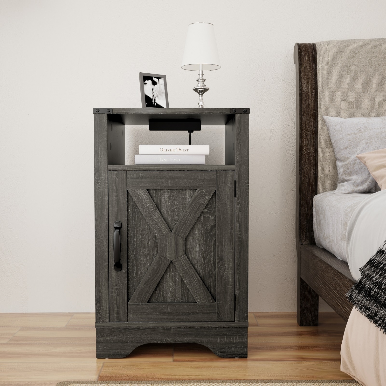 Farmhouse Nightstand with Charging Station and Barn Door