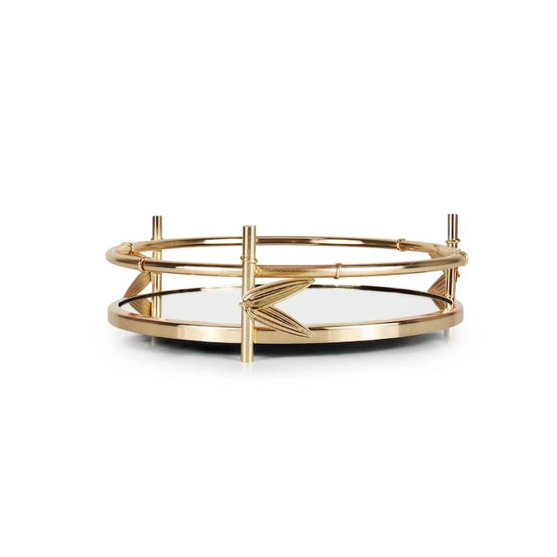 Gold Bamboo Style Round Metal Mirror Decorative Tray Serving Platter - 3" H x 9.75" D - Gold