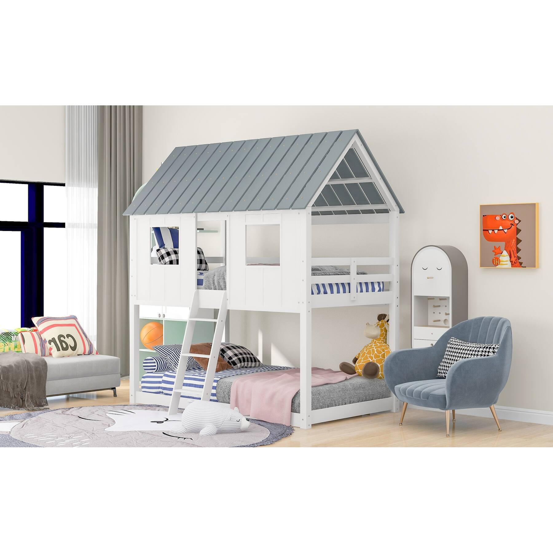 Twin Over Twin Size Low Bunk Beds with Roof and FenceShaped Guardrail