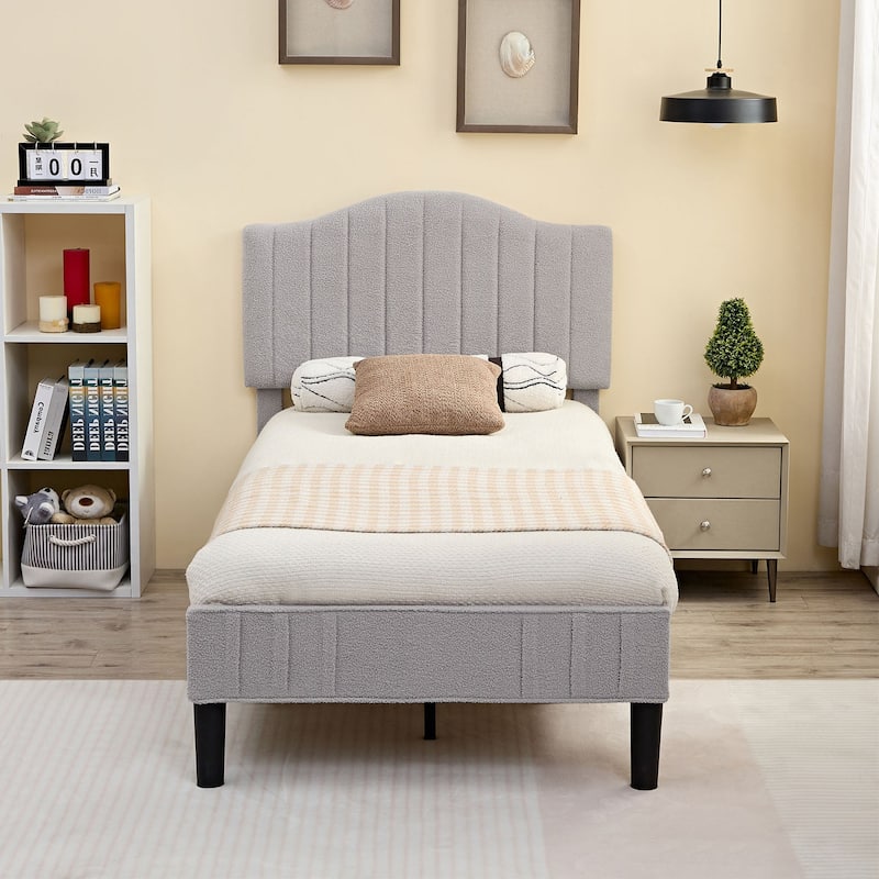 VECELO Upholstered Bed Frames with Luxurious Teddy Fabric and Adjustable Headboard & Footboard, 7.9'' Under Bed Space - Light Grey - Twin