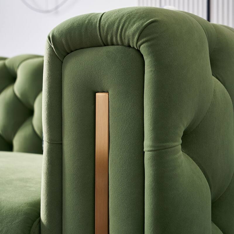 Velvet Tufted Sofa with Gold Metal Legs & Toss Pillows - 84" Width