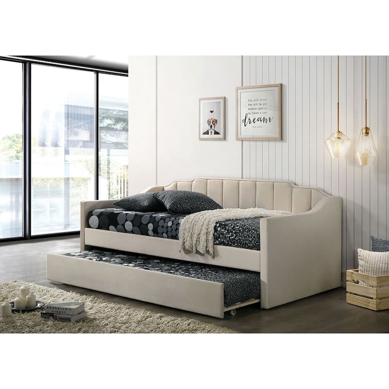 Contemporary Twin Size Daybed with Trundle, Channel Tufting, Fully Upholstered in Beige - Beige