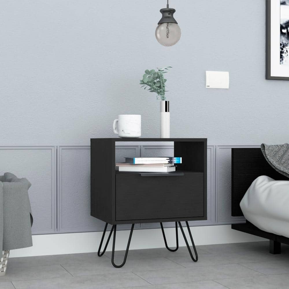 22-Inch Nightstand with Single Door Cabinet and Open Shelf, Black