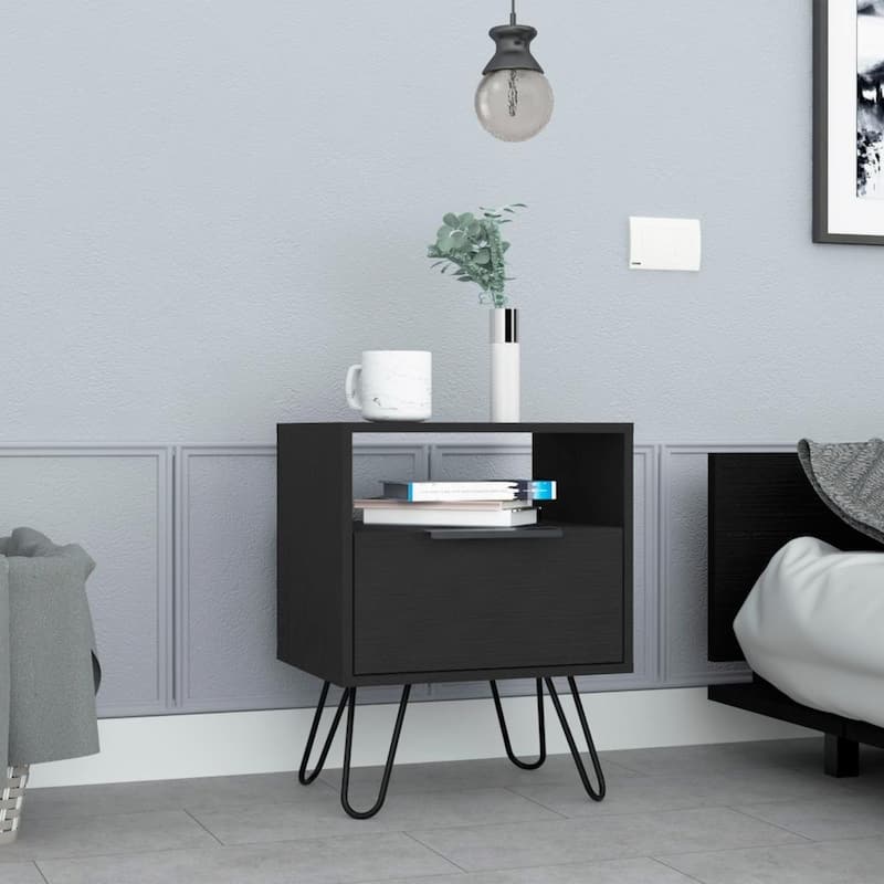 Nightstand 22"H, One Open Shelf, Single Door Cabient, Hairpin Legs, Black - Black