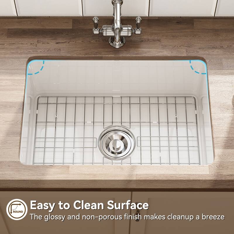 HOROW Undermount Fireclay 27 in. Single Bowl Kitchen Sink, with Grid and Strainer in White