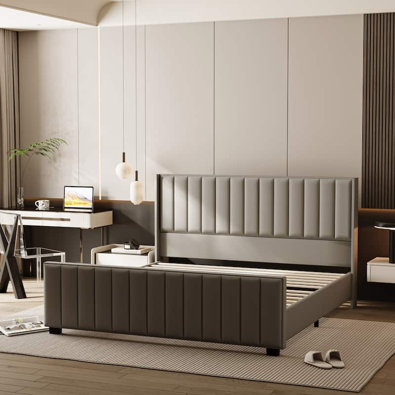 King Size Light Gray Velvet Platform Bed with 46.9" Tall Wingback Headboard & High Footboard Upholstered Bed Frame