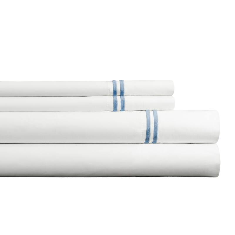 Pointehaven 300 TC Percale 100% Long Staple Cotton Cooling Double Satin Embroidered Stitch Oversized Sheet Set - Queen - White-Blue
