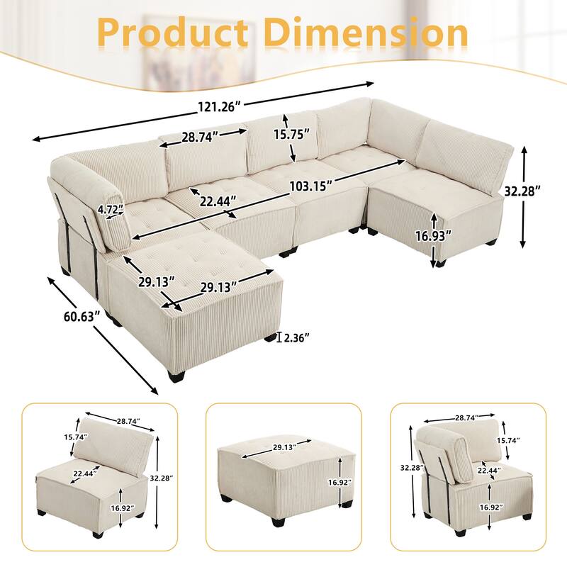 121.26" Corduroy Modular Sectional Sofa 6- Seat U Shaped Couch with Reversible Chaise and Ottoman