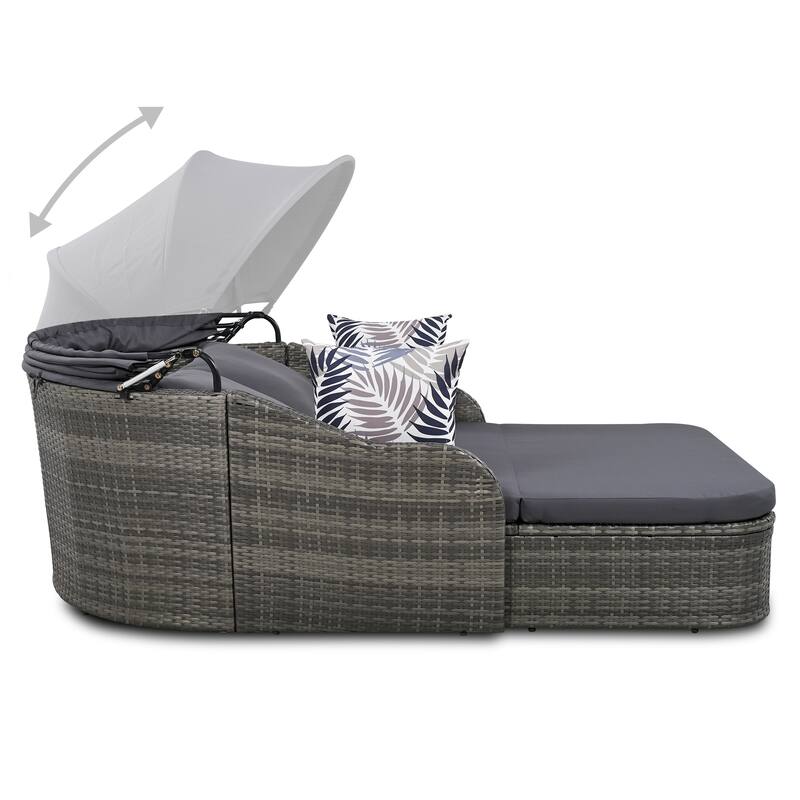 79.9"Outdoor Sunbed with Adjustable Canopy,Double lounge,PE Rattan Daybed,Gray Wicker And Cushion
