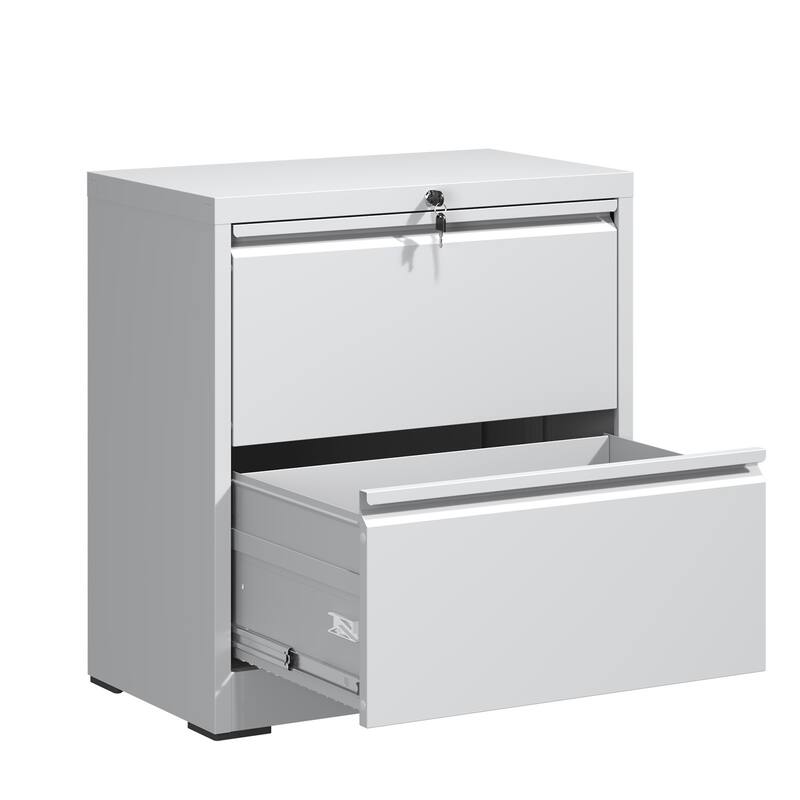Modern Side-Pull File Cabinet, Wide Horizontal Filing Cabinet with Lock, 2 Drawers, Silent Slides, for Home Office, White