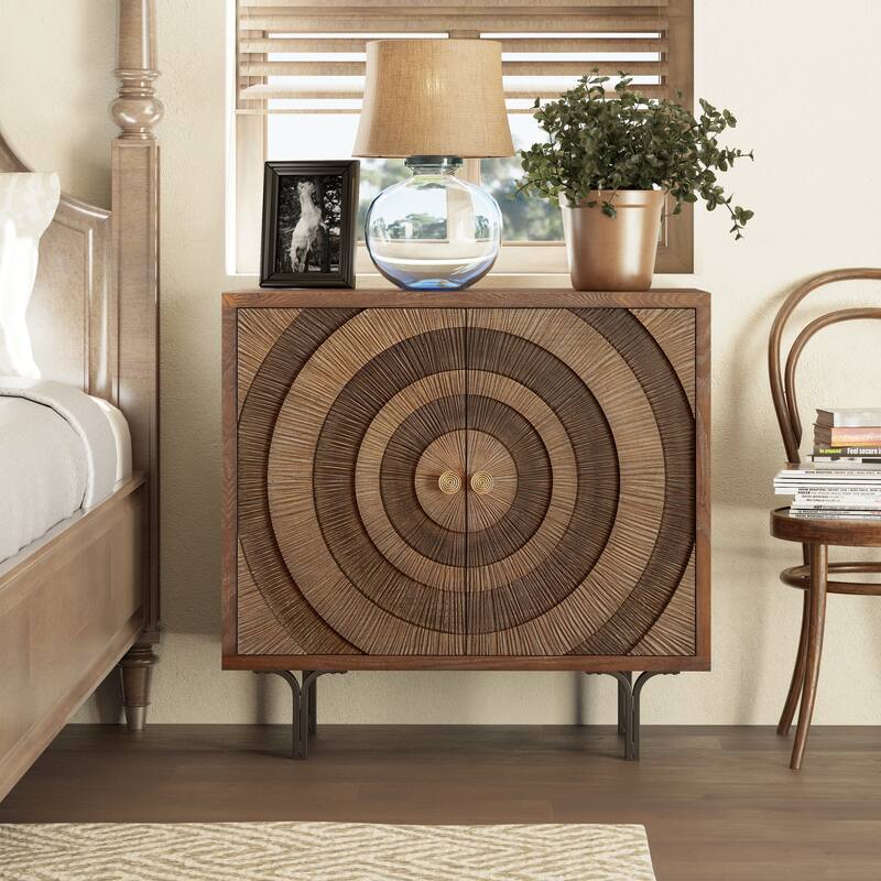 COZAYH Farmhouse Nightstand, Accent Wooden Storage with Circle Pattern and Radioactive Wood Lines, Mid-century Dresser - 2-door Cabinet