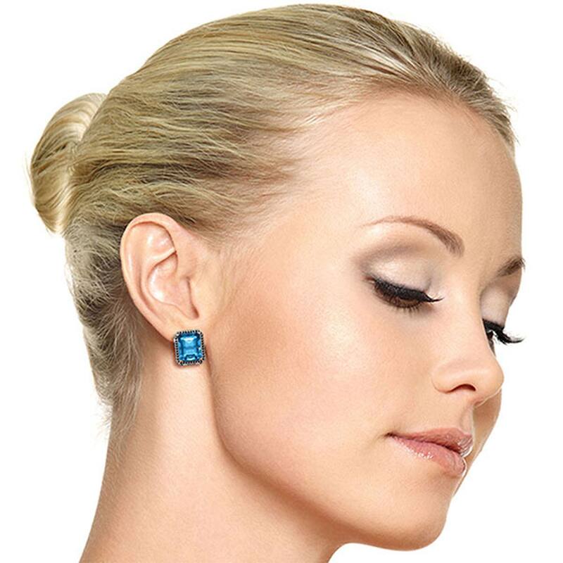 14K Solid Gold Stud French Clips Earrings Diamonds & Blue Topaz