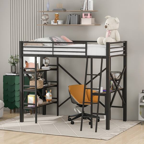 IndustrialStyle Black Metal Loft Bed with Desk and Shelves Bed Bath