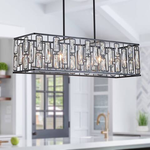 5-Light Black Finish Rectangular Crystal Island Chandelier with Chrome Accents - W10.25"xL35.5"xH9"